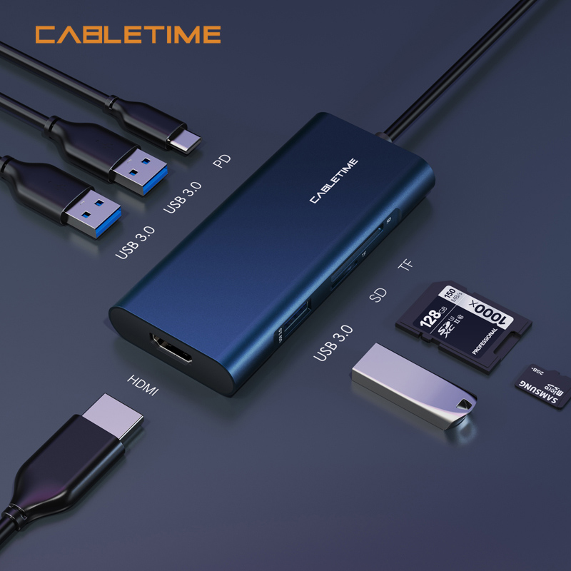 CABLETIME docking station CMHD71, 7 θυρών, USB-C, 100W, 4K, μπλε