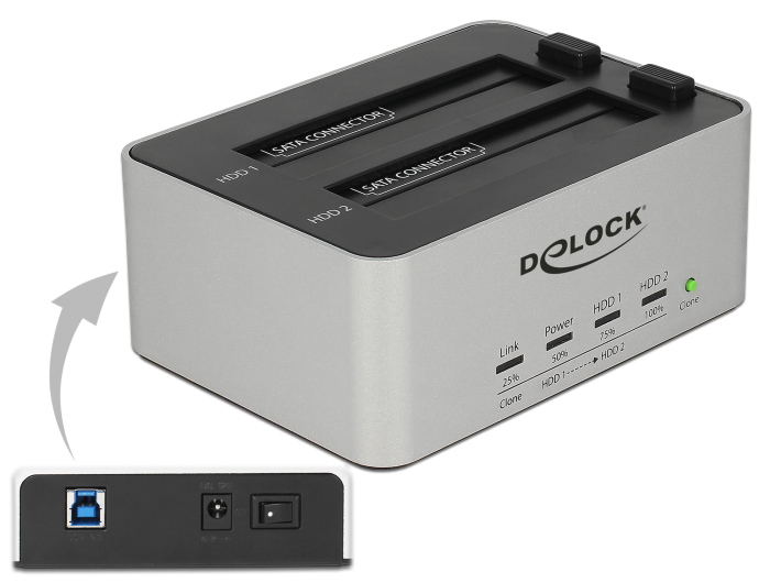 DELOCK docking station 63991, clone function, 2x 2.5/3.5" SSD/HDD, 5Gbps -κωδικός 63991