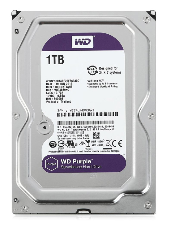 WD σκληρός δίσκος 3.5" Purple Surveillance 1TB, 256MB, 5400RPM, SATA III -κωδικός WD11PURZ