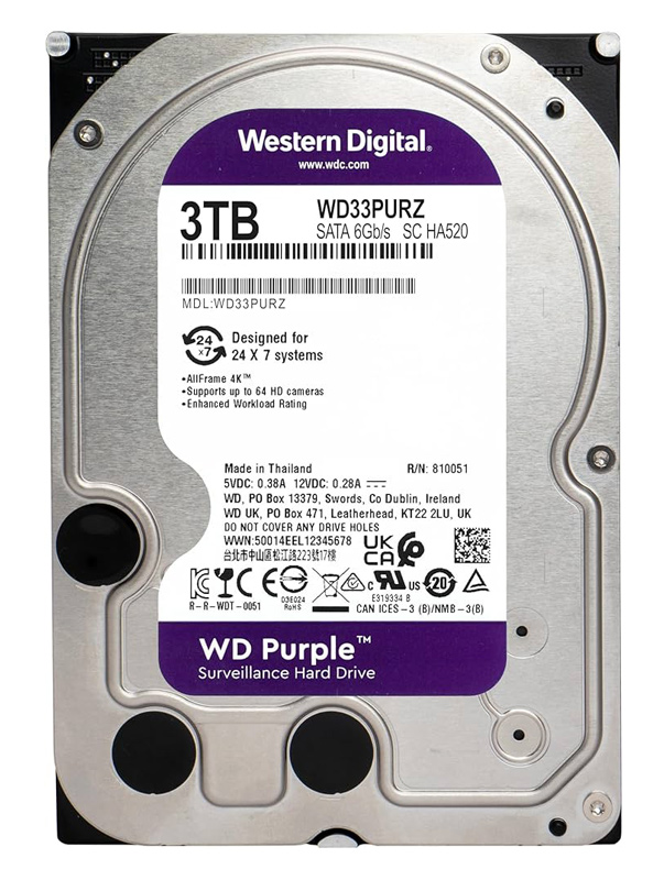 WD σκληρός δίσκος 3.5" Purple Surveillance 3TB, 256MB, 5400RPM, SATA III -κωδικός WD33PURZ