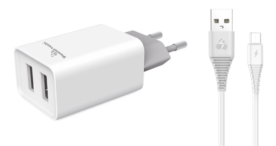 POWERTECH φορτιστής τοίχου PT-775, καλώδιο micro USB, 2x USB 2.1A, λευκό
