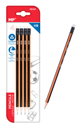 MP ξύλινο μολύβι με γόμα PE301, τρίγωνο, HB, 4τμχ