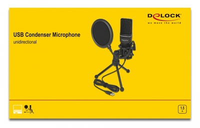 DELOCK Mικρόφωνο studio με pop φίλτρο & αντιανέμιο 66331, πυκνωτικό, USB