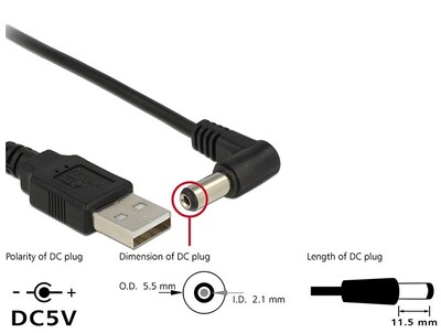 DELOCK καλώδιο USB σε DC 5.5 x 2.1mm 83578, γωνιακό, 1.5m, μαύρο