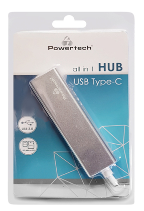 POWERTECH USB hub PT-926 με card reader, 5x θυρών, 5Gbps, USB-C, ασημί
