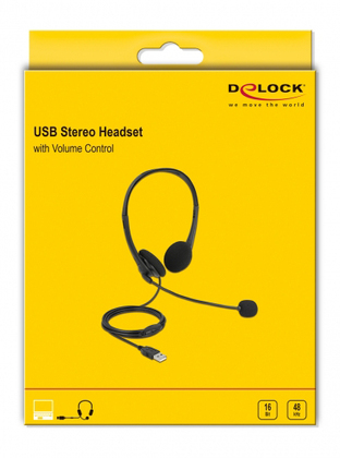 DELOCK headphones με μικρόφωνο 27179, stereo, USB, volume control, μαύρα