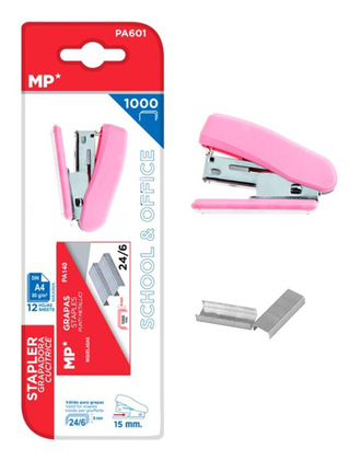 MP mini συρραπτικό με ανταλλακτικά PA601, 24/6, 12 φύλλα, ροζ