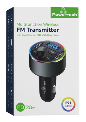 POWERTECH FM Transmitter & φορτιστής 40W PT-1027, οθόνη, RGB, Bluetooth