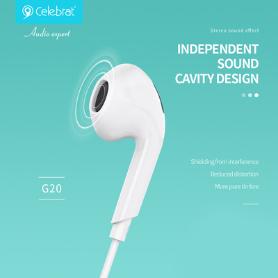 CELEBRAT earphones με μικρόφωνο G20, 3.5mm σύνδεση, Φ14mm, 1.2m, λευκά