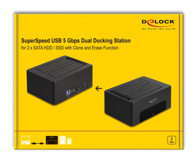 DELOCK docking station 64187, clone/erase function, 2x SSD/HDD, 5Gb/s