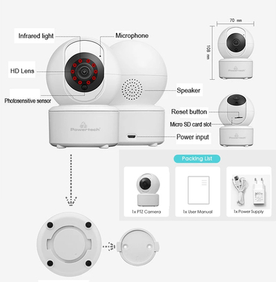 POWERTECH smart κάμερα PT-1085, 3.6mm, 3MP, WiFi, PTZ