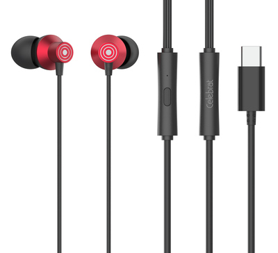 CELEBRAT earphones με μικρόφωνο D15, USB-C σύνδεση, Φ10mm, 1.2m, κόκκινα