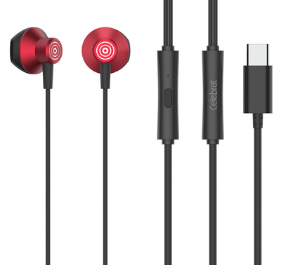 CELEBRAT earphones με μικρόφωνο D14, USB-C σύνδεση, Φ14mm, 1.2m, κόκκινα