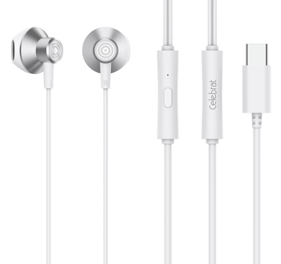 CELEBRAT earphones με μικρόφωνο D14, USB-C σύνδεση, Φ14mm, 1.2m, λευκά