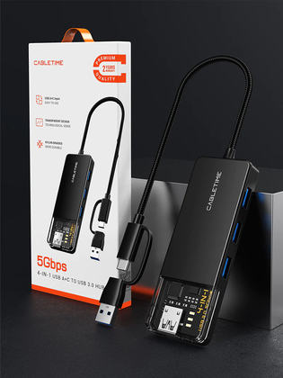 CABLETIME USB hub CT-HUBT3-PB, 4x θυρών, 5Gbps, USB/USB-C σύνδεση, μαύρο