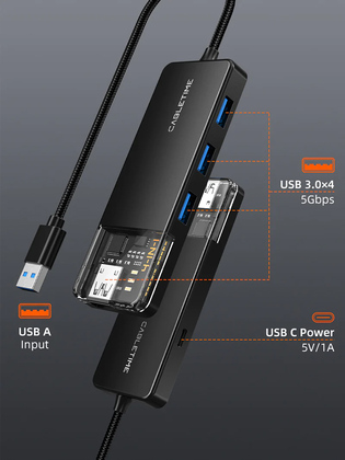 CABLETIME USB hub CT-HUBT2-PB, 4x θυρών, 5Gbps, USB σύνδεση, 1m, μαύρο