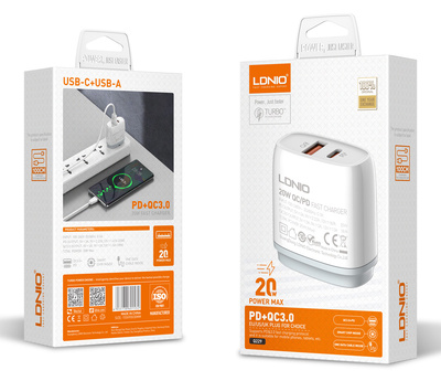 LDNIO φορτιστής τοίχου Q229 με καλώδιο, USB & USB-C, 20W PD, λευκός