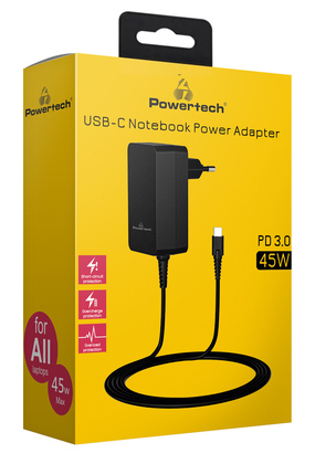 POWERTECH τροφοδοτικό laptop PT-1155, USB-C PD, universal, 45W, μαύρο