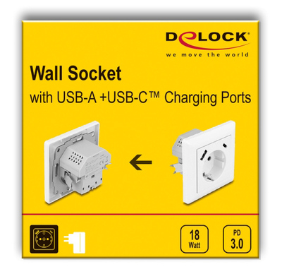 DELOCK πρίζα τοίχου 11499 με θύρες φόρτισης USB & USB-C, 18W PD, λευκή