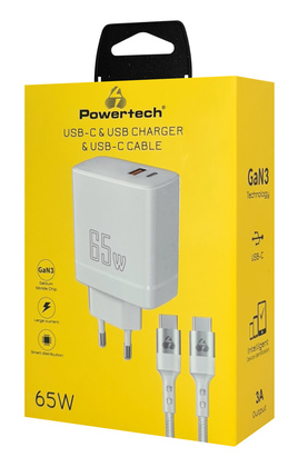 POWERTECH φορτιστής τοίχου PT-1182, καλώδιο, USB/USB-C, 65W, GaN, λευκός