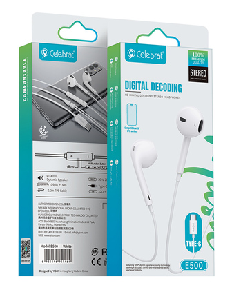 CELEBRAT earphones με μικρόφωνο E500, USB-C σύνδεση, Φ14mm, 1.2m, λευκά