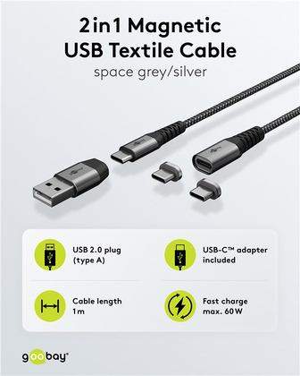 GOOBAY καλώδιο USB/USB-C σε USB-C 65653, μαγνητικό, 60W, 1m, γκρι