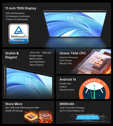 TECLAST tablet T50HD, 11" HD, 6/256GB, Android 14, 4G, 8000mAh, γκρι