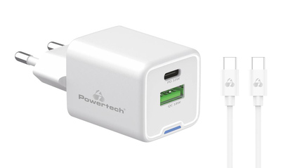 POWERTECH φορτιστής τοίχου PT-1224, καλώδιο, USB/USB-C, 33W, GaN, λευκός